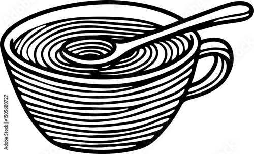 striped black and white teacup with spoon artistic line drawing, minimalistic kitchenware design