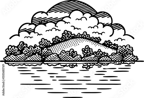 Vintage landscape illustration serene hills, trees, clouds, and water reflection