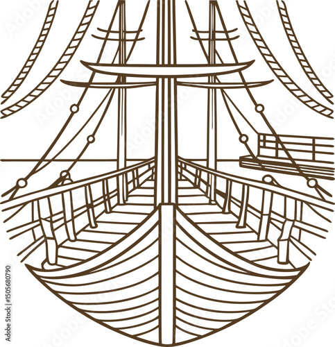 vintage sailing ship outline nautical illustration with detailed rigging and classic ship structure