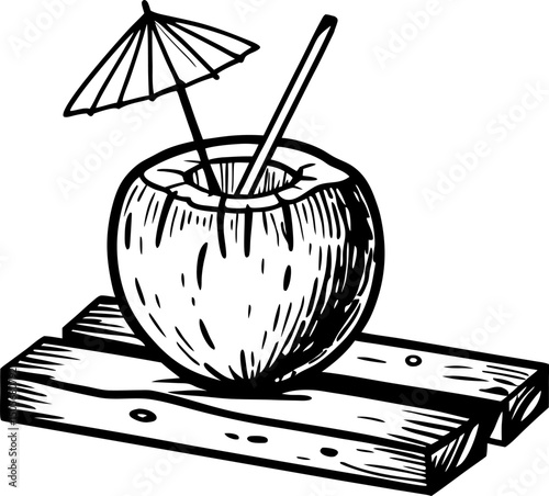 hand drawn coconut drink with straw and umbrella on wooden planks