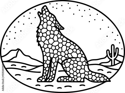 geometric wolf howling under starry desert sky with cactus and mountains silhouette