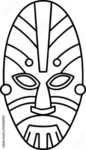 Intricate tribal mask design in black and white line art