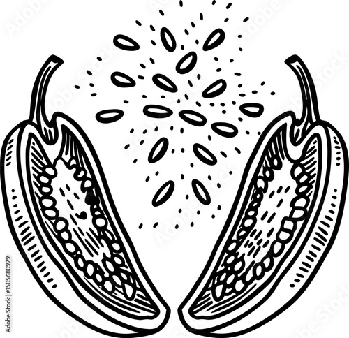 Black and white illustration of opened chili pepper with seeds botanical art