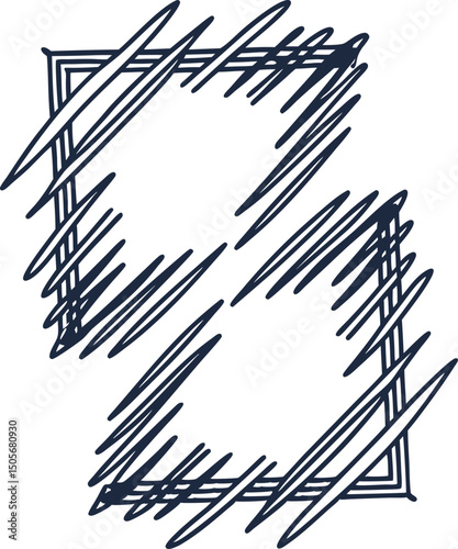 Abstract geometric sketch, hand drawn square pattern with chaotic scribbles on white background