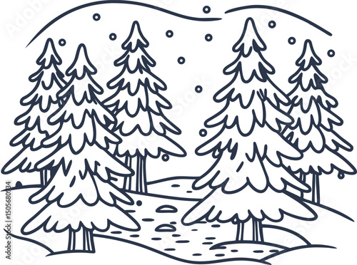 Winter forest scene with snowy pine trees, simple line art illustration
