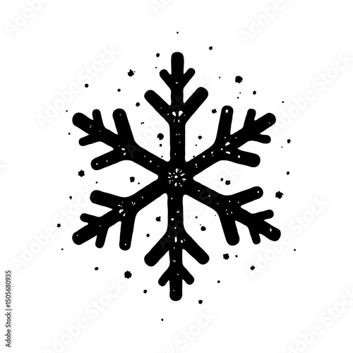 Black Christmas snowflake with ink splatter texture in hand-drawn style on white background, symbolizing winter, cold, and festive holiday themes
