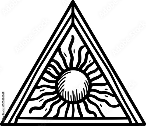 triangle with sun design artistic symbol in black and white illustration