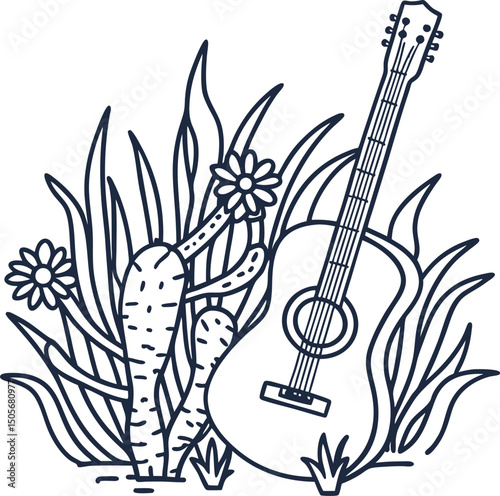 acoustic guitar leaning against desert cactus and flowers in artistic black and white illustration