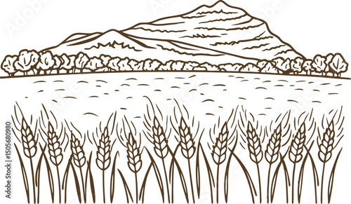 Wheat field and mountain landscape nature illustration with trees and agriculture theme