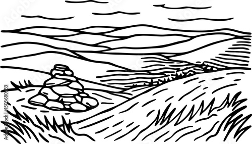 scenic landscape illustration with rolling hills, cairn structure, and cloud filled skies in black and white
