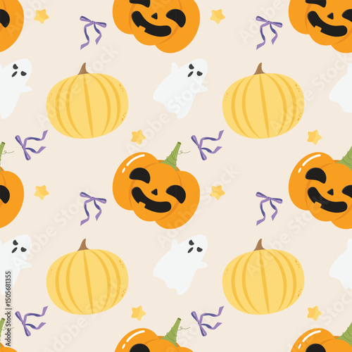 Happy halloween seamless pattern for fabric or background. Cute character of pumpkin ghost star and coquette bow in orange and purple illustration flat vector.