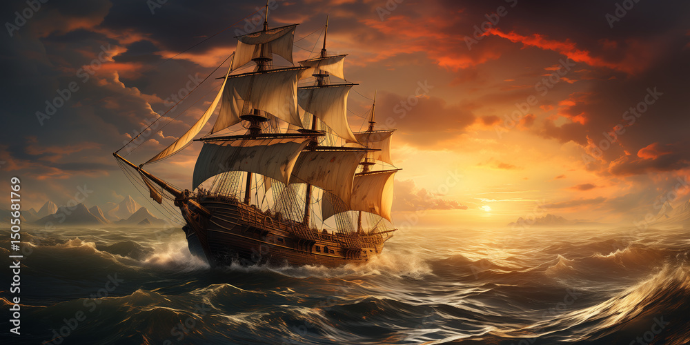 Fototapeta premium Classic sailing ship cruising through golden sunset ocean, perfect for adventure stories, historical themes, or maritime promotional artwork