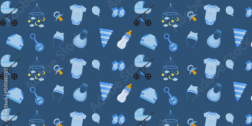 Seamless repeating pattern, background of children's elements for a boy. Vector illustration.