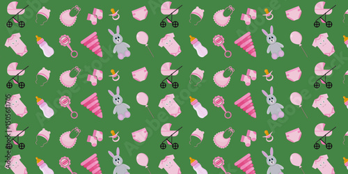 Seamless repeating pattern, background of children's elements for a girl. Vector illustration.