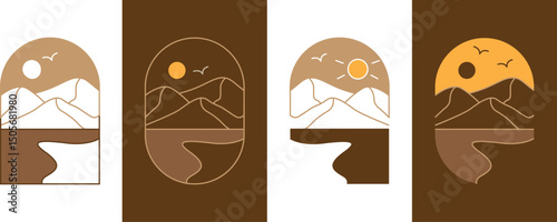 Sunset above mountains peak silhouette. Vintage styled mountain logo or sticker or poster template. Vector illustration
