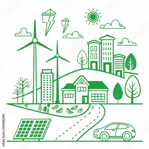 Green Energy Building Plan Vector | Sustainable Architecture Blueprint