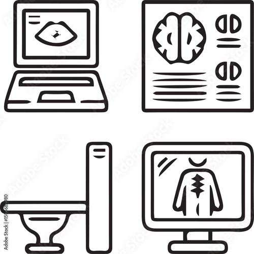 Medical Imaging Technology Icons: A set of four simple yet informative icons depicting various medical imaging technologies, including ultrasound, brain scan, X-ray, and body scan.