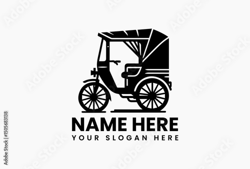 Traditional Southeast Asian cycle rickshaw in black and white vintage vector illustration isolated on white  