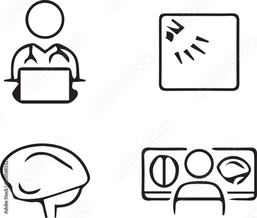 Neurology medical icons: Simple black line icons representing a neurologist using a laptop, a brain scan, a brain, and a patient undergoing a brain scan. These icons are perfect for websites, apps.