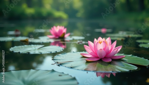 Floating lotus flowers create elegant floral pattern across serene lake, lotus flower, still, serene