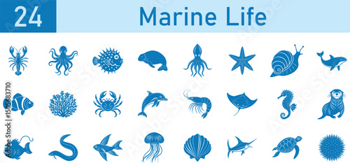 Set of 24 Marine life on transparent background, dolphin, whale, shark, coral, turtle, squid, crab, seal, octopus, seahorse, starfish, jellyfish, stingray, shell and more	
