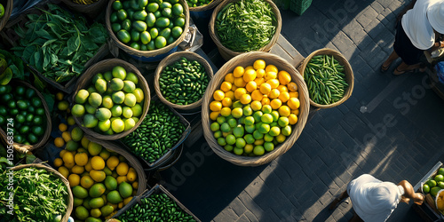 Overhead view of fresh produce market with colorful fruit baskets, perfect for organic food campaigns, farmer’s market posters or sustainable agriculture themes