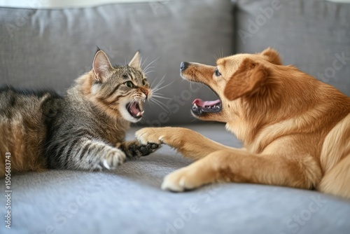 Cat and dog fight playfully in bright living room