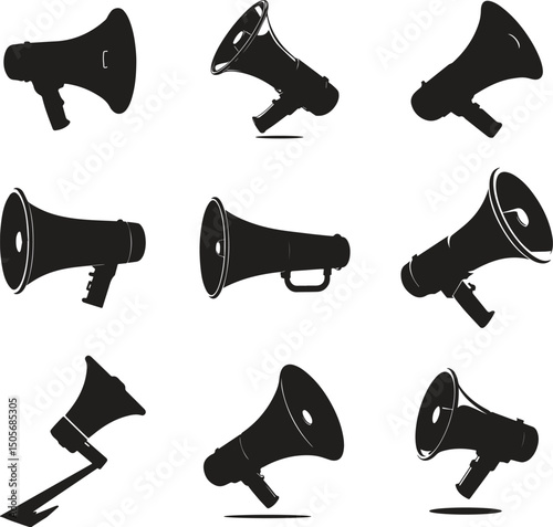 Set of megaphone icons. Black speaker icon in glyph,Loudspeaker Icon Set Collection of Audio Sound and Communication Symbols