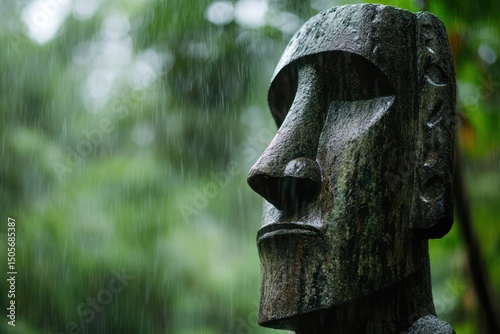Mysterious Moai Statue in Tropical Rainforest photo