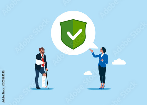 Young businessman with broken leg thinks about insurance coverage. The girl offers and speaking about insurance coverage. Disabled guy with crutches. Flat vector illustration