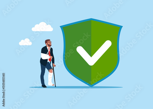Young businessman with broken leg thinks about insurance coverage. Disabled guy with crutches. Health care, positive attitude, rehabilitation. Flat vector illustration