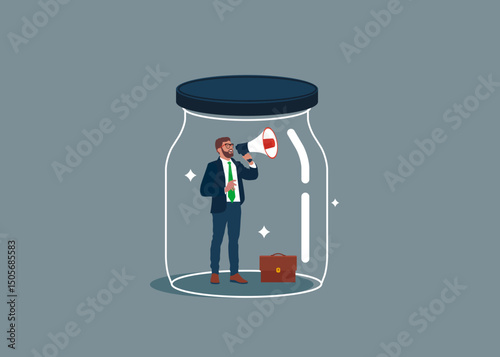 Businessman talking inside a glass jar holding a megaphone. Business constraints or stagnant, prohibition. Glass jar plugs megaphone for businessman speaking. Flat vector illustration