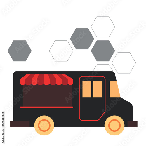 Modern Food Truck – Black Street Vendor Vehicle with Red and Yellow Awning and Hexagonal Background