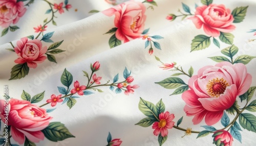 Subtle floral motif subtly repeats on light fabric , soft, pastel
