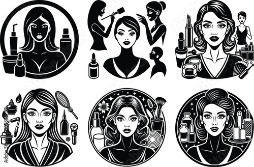 Beauty Icons Skincare, Makeup, and Cosmetics Illustrations. Diverse Beauty
