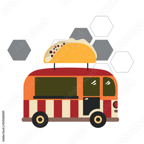 Taco Food Truck – Colorful Street Vendor Illustration with Giant Taco and Hexagonal Background