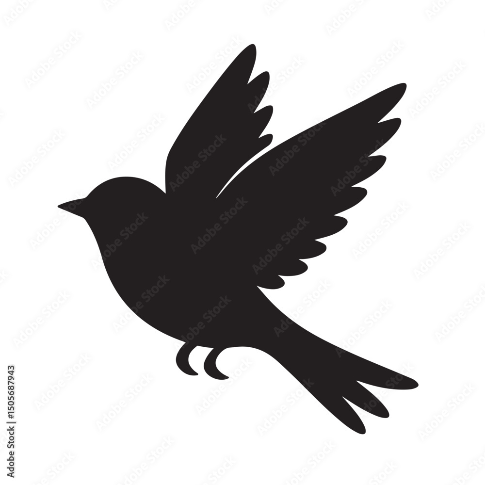 Fototapeta premium Minimalist Black Bird Silhouette Flying Left with Wings Mid-Flap and Fanned Tail on Light Neutral Background