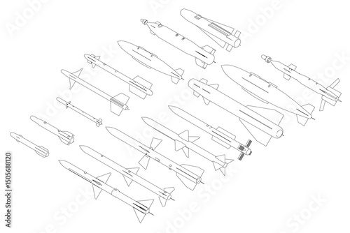 A drawing of many different types of missiles. The drawing is black and white. The idea of the drawing is to show the variety of missiles that exist. Isometric view. 3D