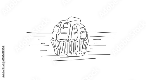 elegant cupcake with caramel lava on top in monoline art style