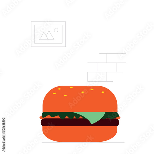 Floating Burger Ingredients – Stylized Cheeseburger Illustration with Brick Wall and Picture Frame Accents