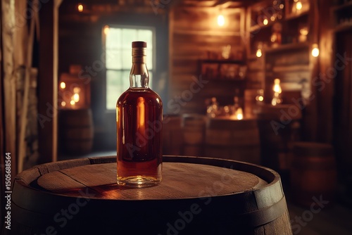 Whiskey bottle on oak barrel with moody lighting photo