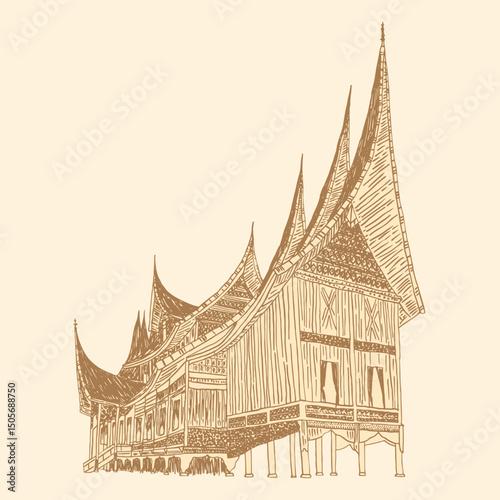 indonesian gadang padang house traditional line art illustration