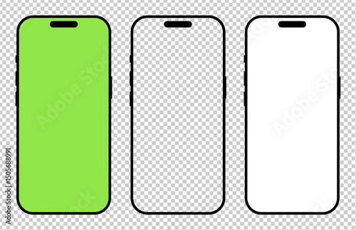 Smartphone black frame. Gadget symbol. Device flat front view set. Signs for website design, ui, mobile app. Blank smart phone green screen template. Mobile phone black icon with white background.