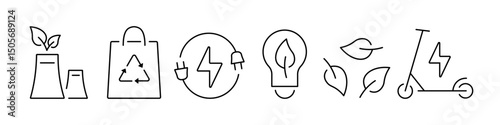 Ecology icon set. Environment, renewable natural energy. Sustainability, solar panels, electric scooter, wind energy.
Waste cleaning and recycling concept.
Vector illustration.