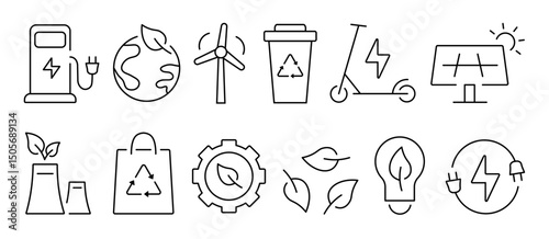 Ecology icon set. Environment, renewable natural energy. Sustainability, solar panels, electric scooter, wind energy.
Waste cleaning and recycling concept.
Vector illustration.