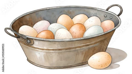 old metal basin full of chicken eggs watercolor