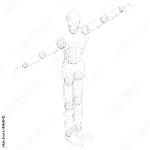 A Mannequin is standing in a white background. Isometric view. 3D