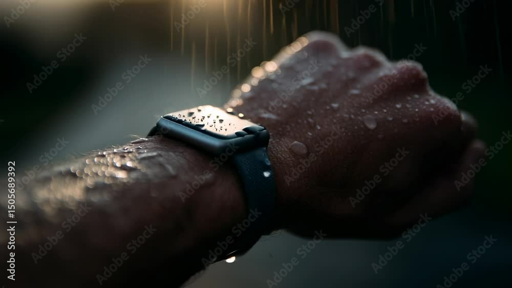 Water droplets glisten on a smartwatch worn on a wrist during a rainy outdoor activity in a serene environment at sunset