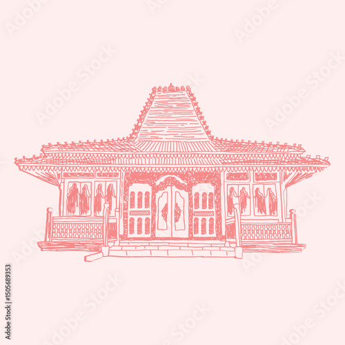 indonesian joglo house traditional line art illustration