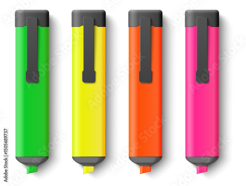 Realistic green, pink, yellow, orange markers. School education supply. Color highlighters. Office tool top view. Permanent felt tip plastic pen. 3D object mockup. Vector stationery set